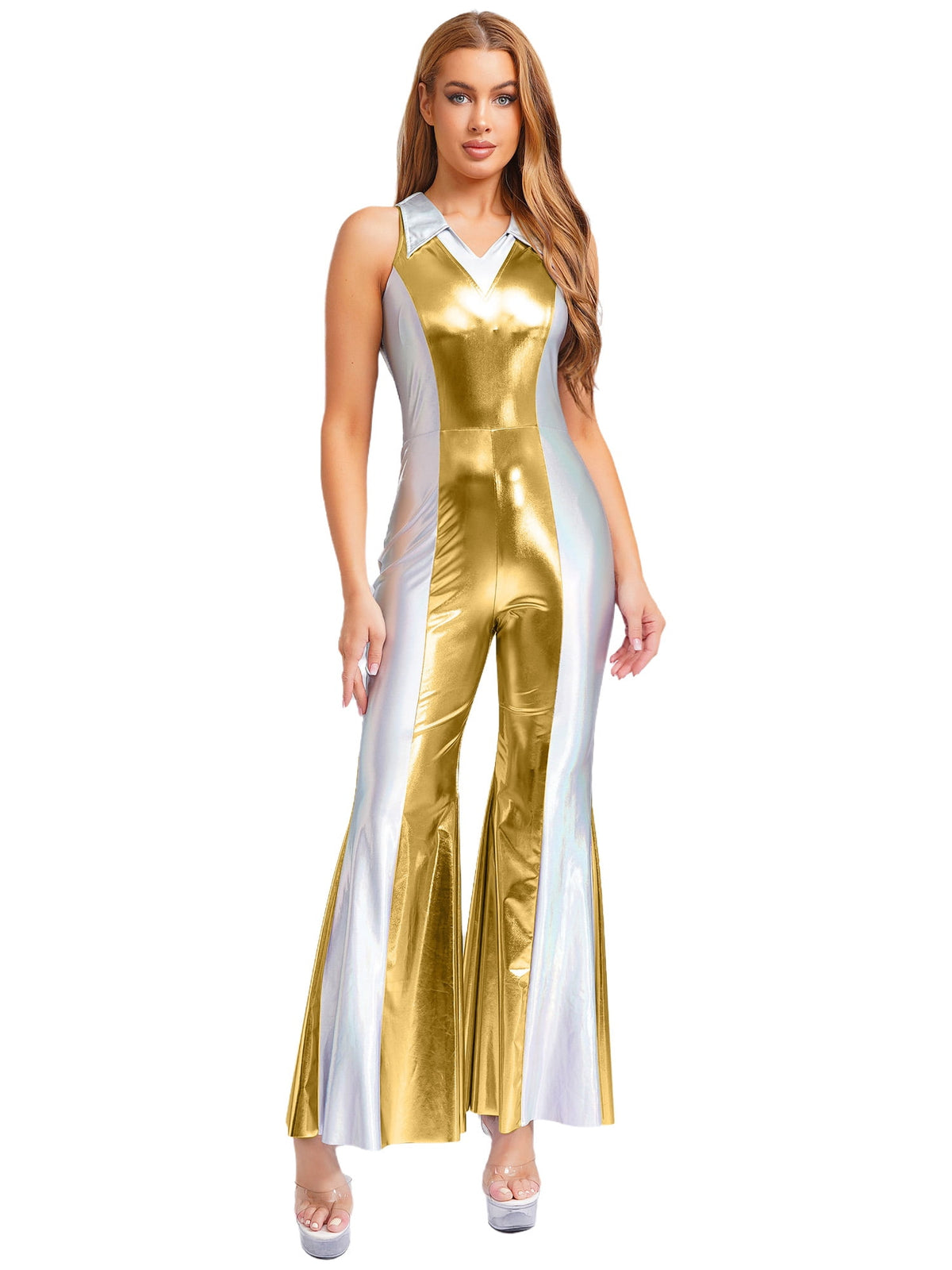 YiZYiF Womens 70s 80s Disco Costume Shiny Metallic Flared Pants Jumpsuit for Dance Party Halloween Gold S