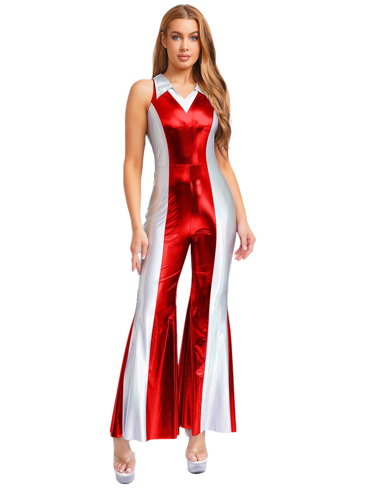 YiZYiF Womens 70s 80s Disco Costume Shiny Metallic Flared Pants Jumpsuit for Dance Party Halloween Gold S