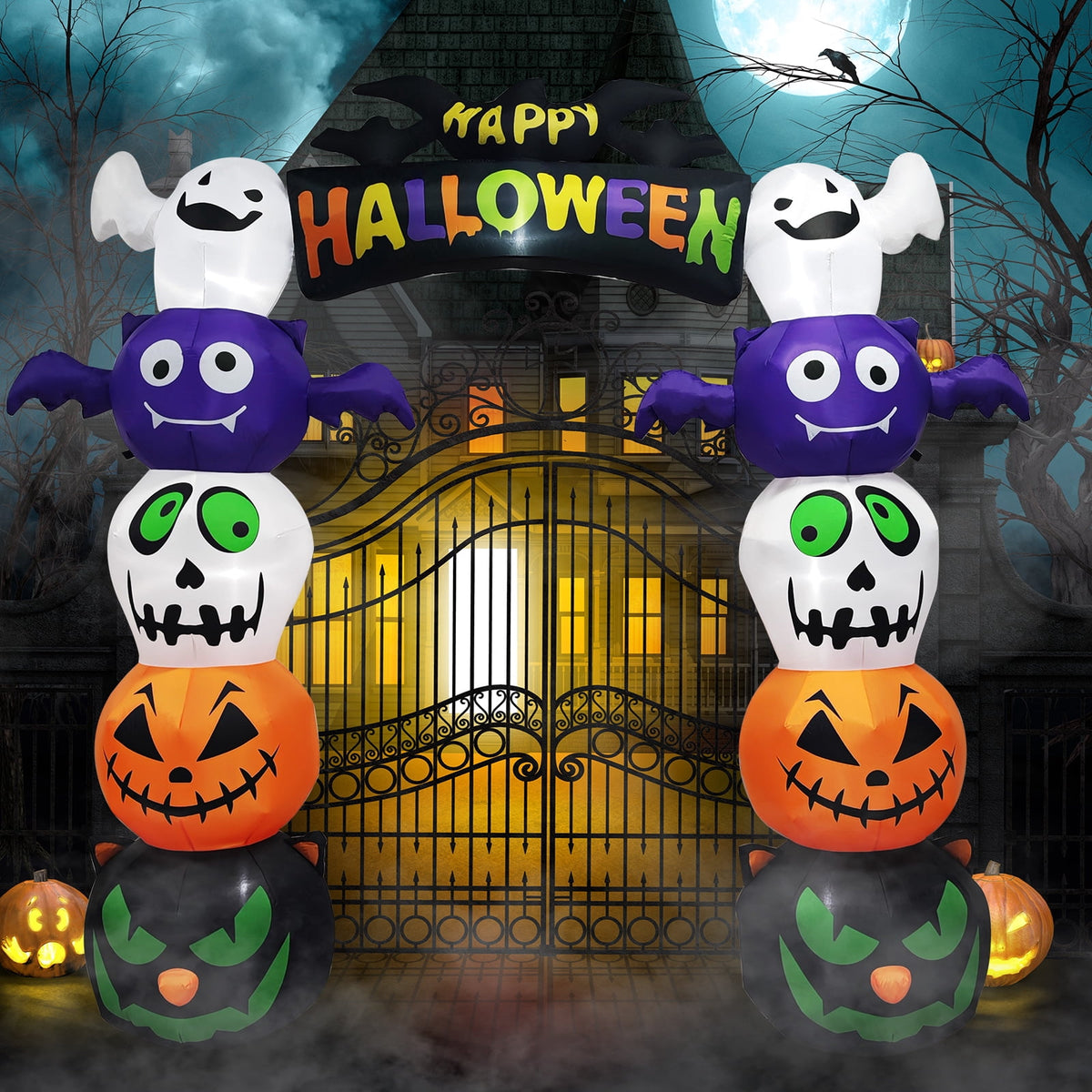Zimtown 8.5 FT Halloween Inflatables Arch w/ Ghost,Pumpkins,Black Cats Head Outdoor Halloween Decoration