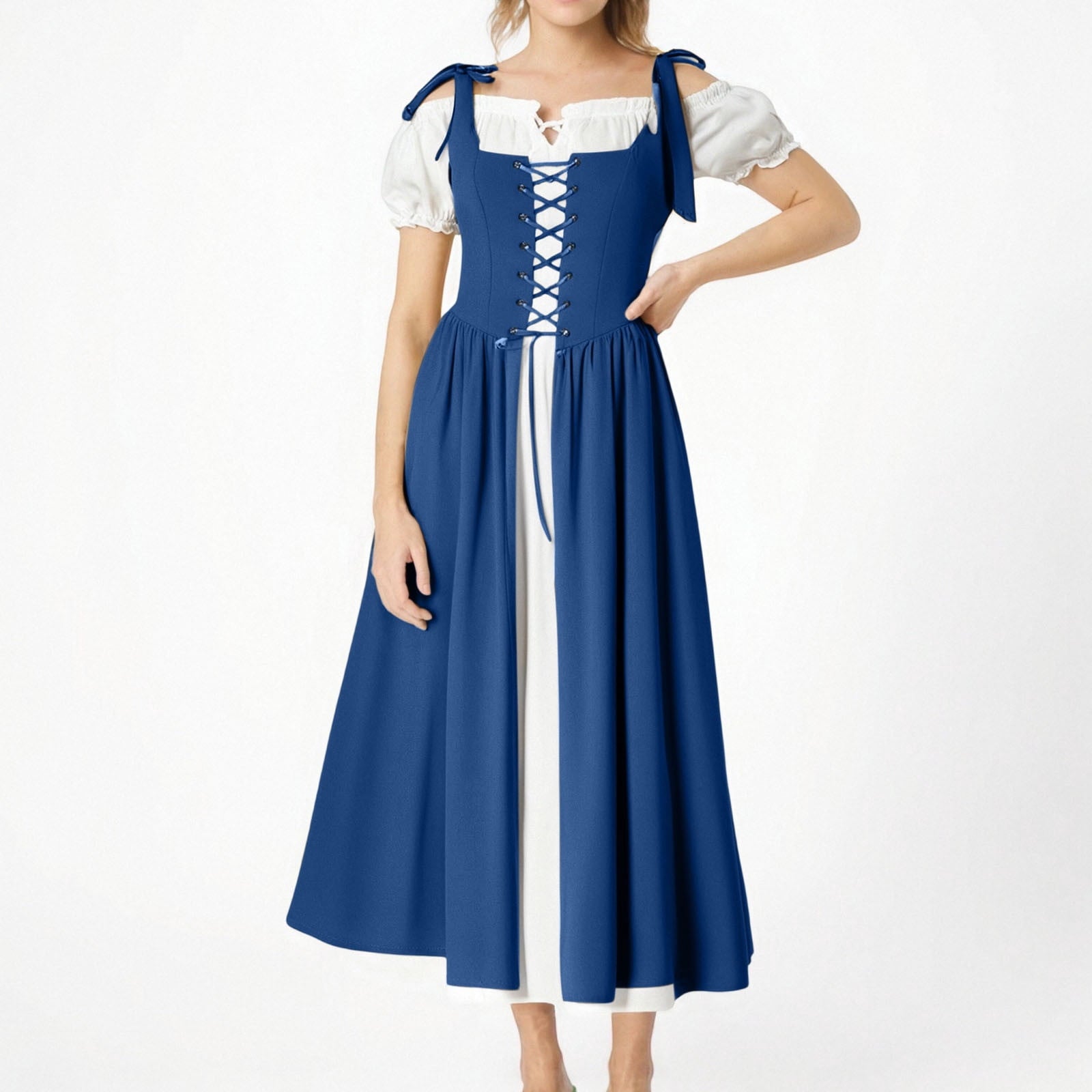 QATAINLAV Renaissance Costume Women Vintage Medieval Dress Cold Shoulder Short Sleeve Peasant Pirate Irish Maxi Dresses, Black, L