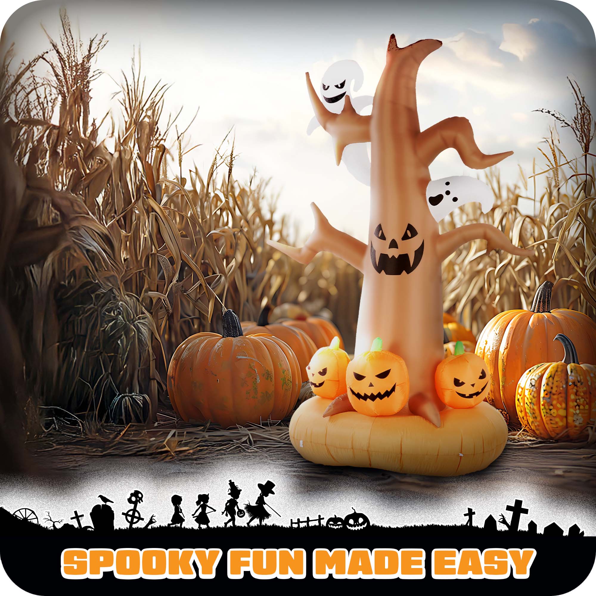 G128 8ft Halloween Haunted Tree Inflatable with Ghosts Pumpkins LED Lights Outdoor Yard Decor