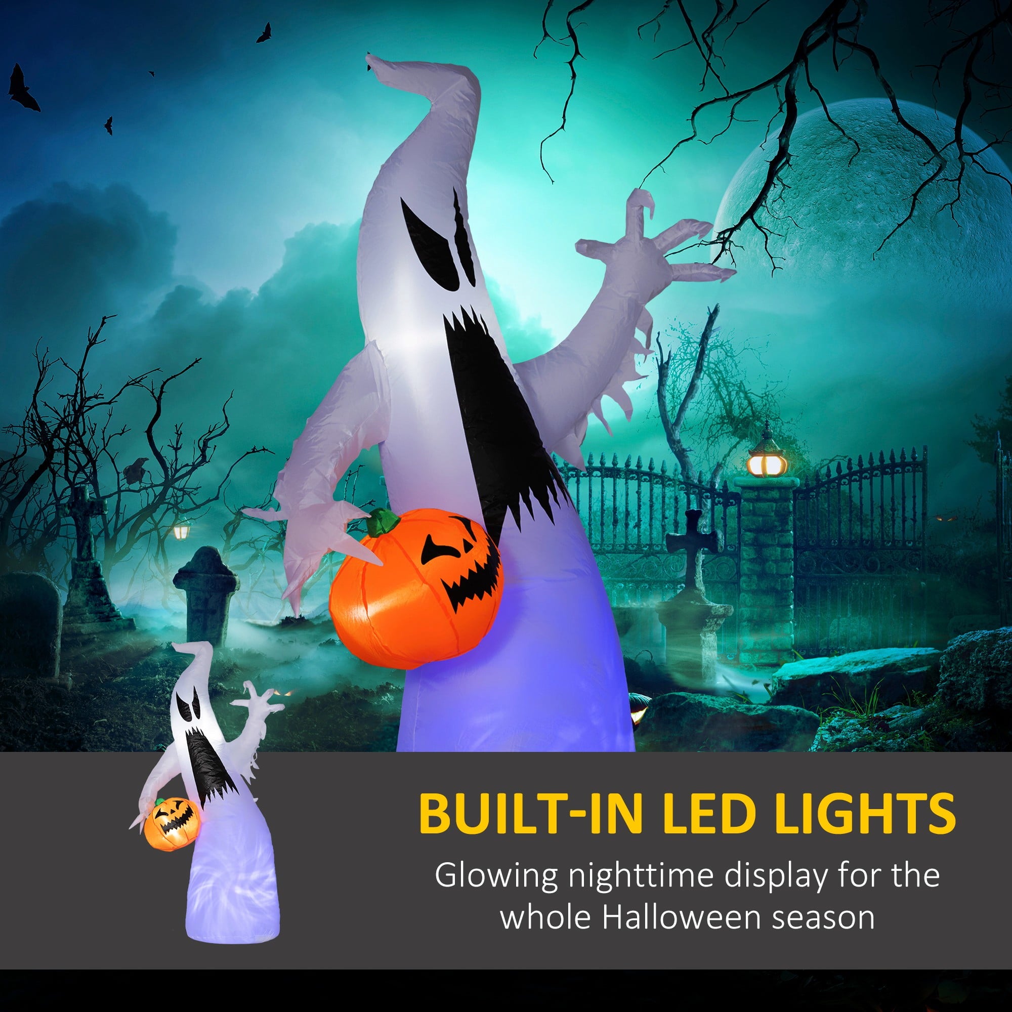 HOMCOM Inflatable Ghost with Pumpkin, Halloween Outdoor LED Lighted Yard Decoration, Waterproof