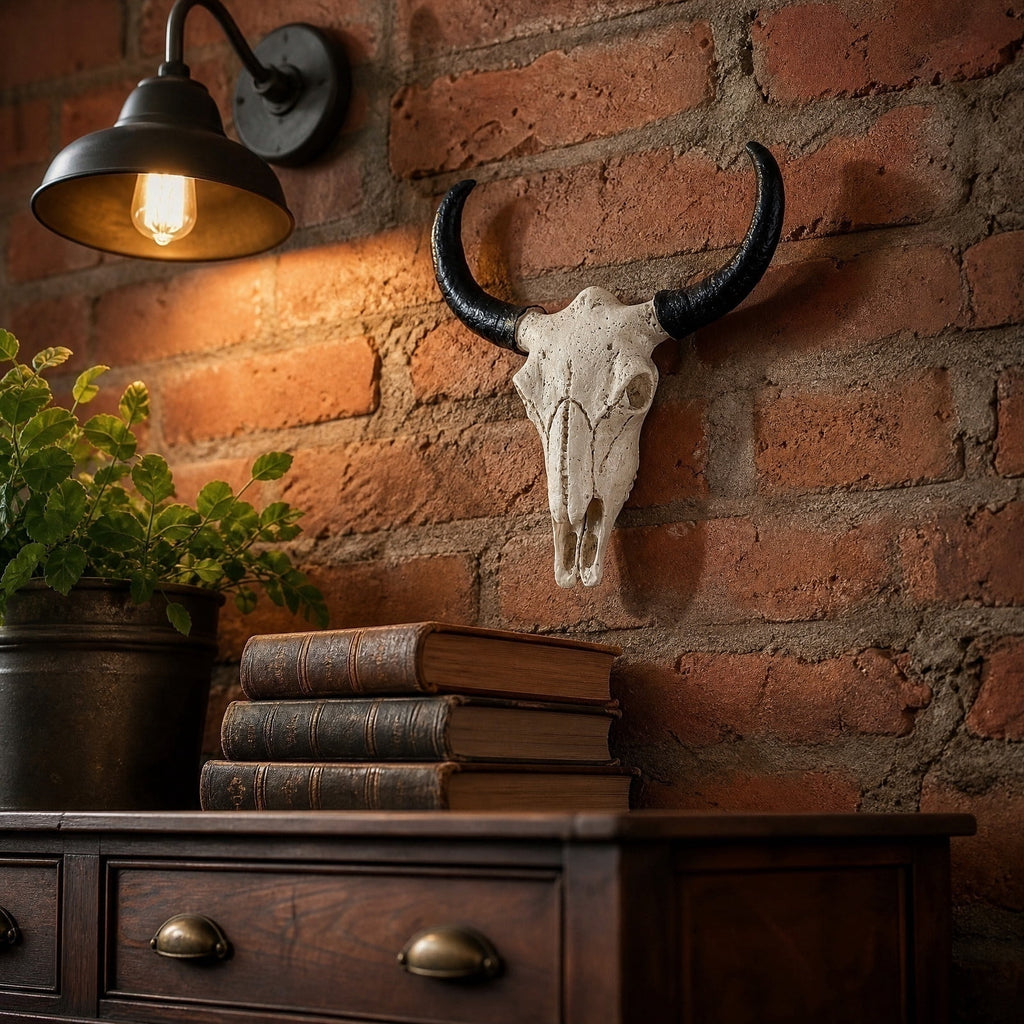 Cadancy Halloween Decorations 3D Animal Skull Bull Horns Wall Mount Art Rustic Farmhouse Wall Decor Gothic Skeleton Head Sculpture for Living Room Bedroom Home Decoration