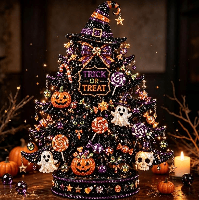 2026 Moonlit Black Cat DIY Halloween Quilted Fabric Tree Kit - Patchwork Fabric Halloween Tabletop Tree, Autumn Mantel Ornament for Adult Rustic Farmhouse Seasonal Display