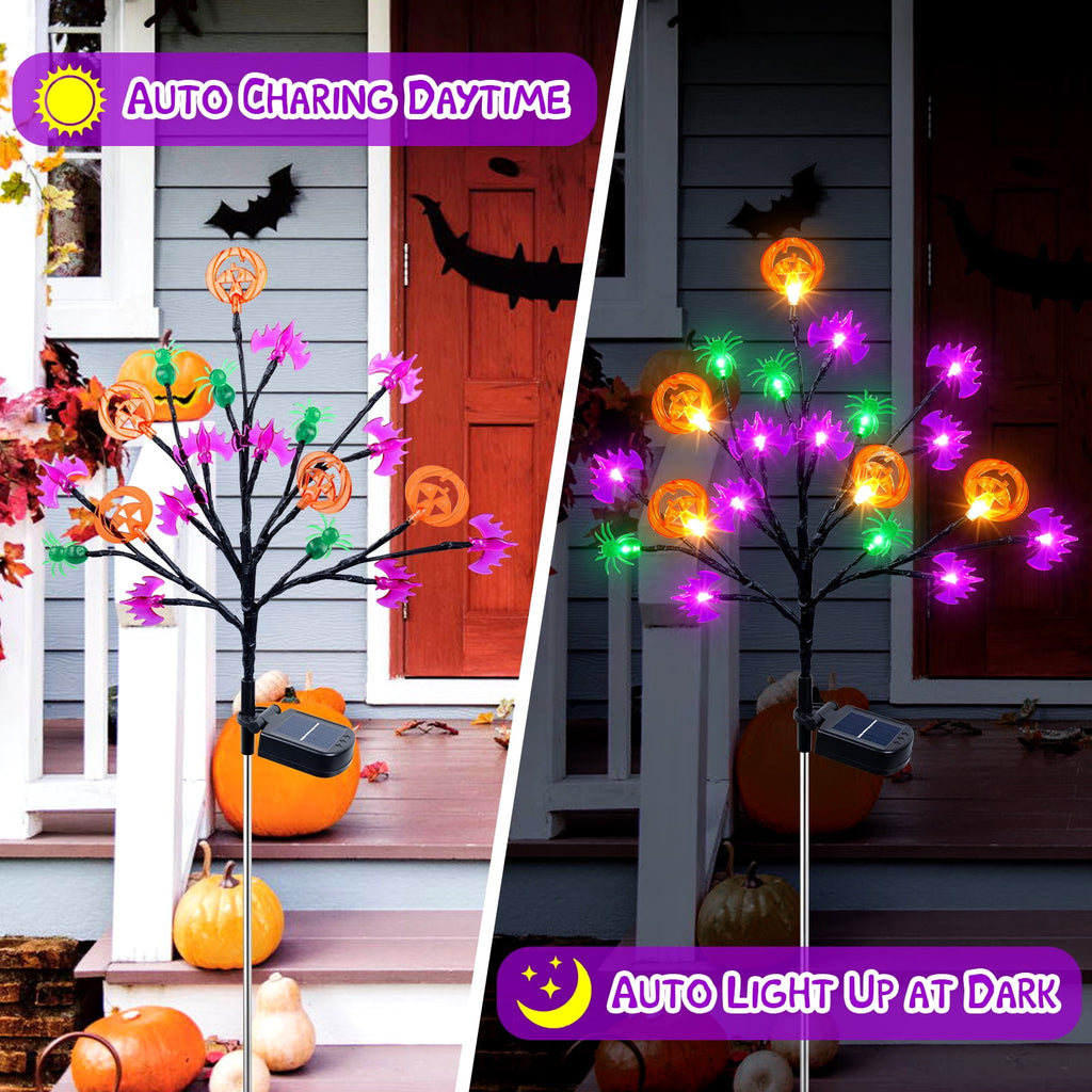 Qoosea 2 packs 40 LED Solar Halloween Lights, 2 Modes Halloween Bats Spiders Pumpkin Lights for Outdoor Decorations, Waterproof Stakes for Garden Yard Pathway Walkway