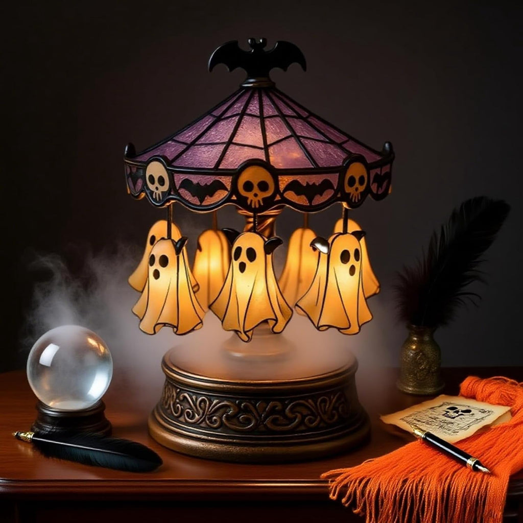HaCpiu Halloween Ghost Carousel Night Light, Halloween Rotating Desktop Sculpture with LED Glow, Spooky Animated Tabletop Decoration for Indoor Holiday Accent