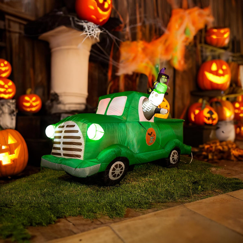 Zone Tech 7.5Ft Long Inflatable Ghost Car LED Lights Decor Halloween Outdoor Indoor Holiday Decorations, Giant Lawn Inflatable Garden Party Decoration and Halloween Blow up Green Car Yard Decor