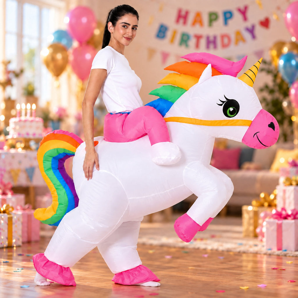 Inflatable Unicorn Costume for Adults, Funny Ride On Blow Up Costume for Men Women, Halloween Party Cosplay Outfit