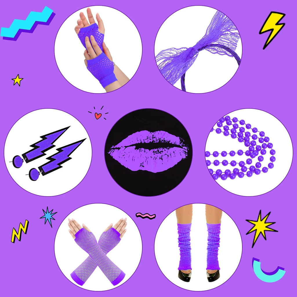 80s Costume for Women,80's Off Shoulder T-Shirt Headband Earring Necklace Fishnet Gloves Legwarmers for Women 80s outfit for 80s Party 22PCS