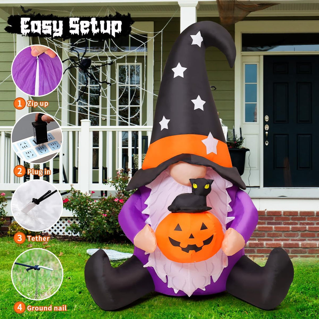 GOOSH Halloween Inflatables 5 FT Tall Inflatable Gnome Holding Pumpkin Black Cat with LEDs, Halloween Gnome Inflatables Blow up Gnome, Outdoor Halloween Decorations for Halloween Holiday Party