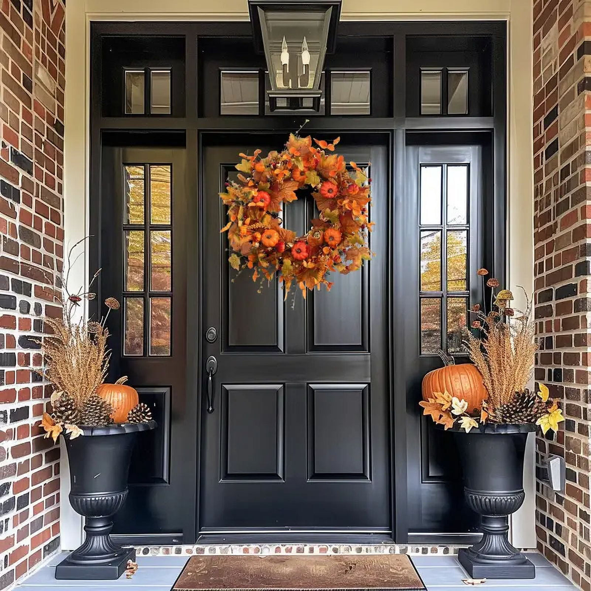 Fall Wreath Pumpkin Wreath Halloween Wreath for Front Door with Maple Leaves Harvest Wreath for Door Window Porch Thanksgiving Halloween Decor