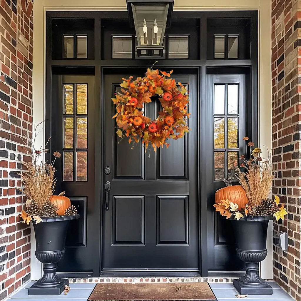 Fall Wreath Pumpkin Wreath Halloween Wreath for Front Door with Maple Leaves Harvest Wreath for Door Window Porch Thanksgiving Halloween Decor