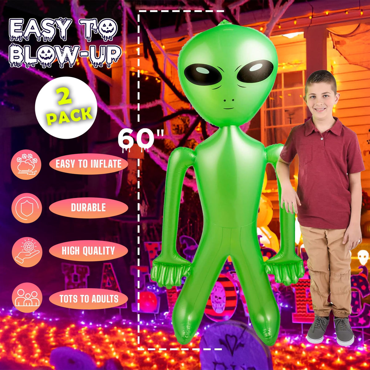 60 Inch (5 Ft.) Giant Alien Inflatable - (Pack of 2) - Jumbo Green Alien, for Game Prize, Alien Halloween Decorations Theme Party Favors Photo Prep & Decorations