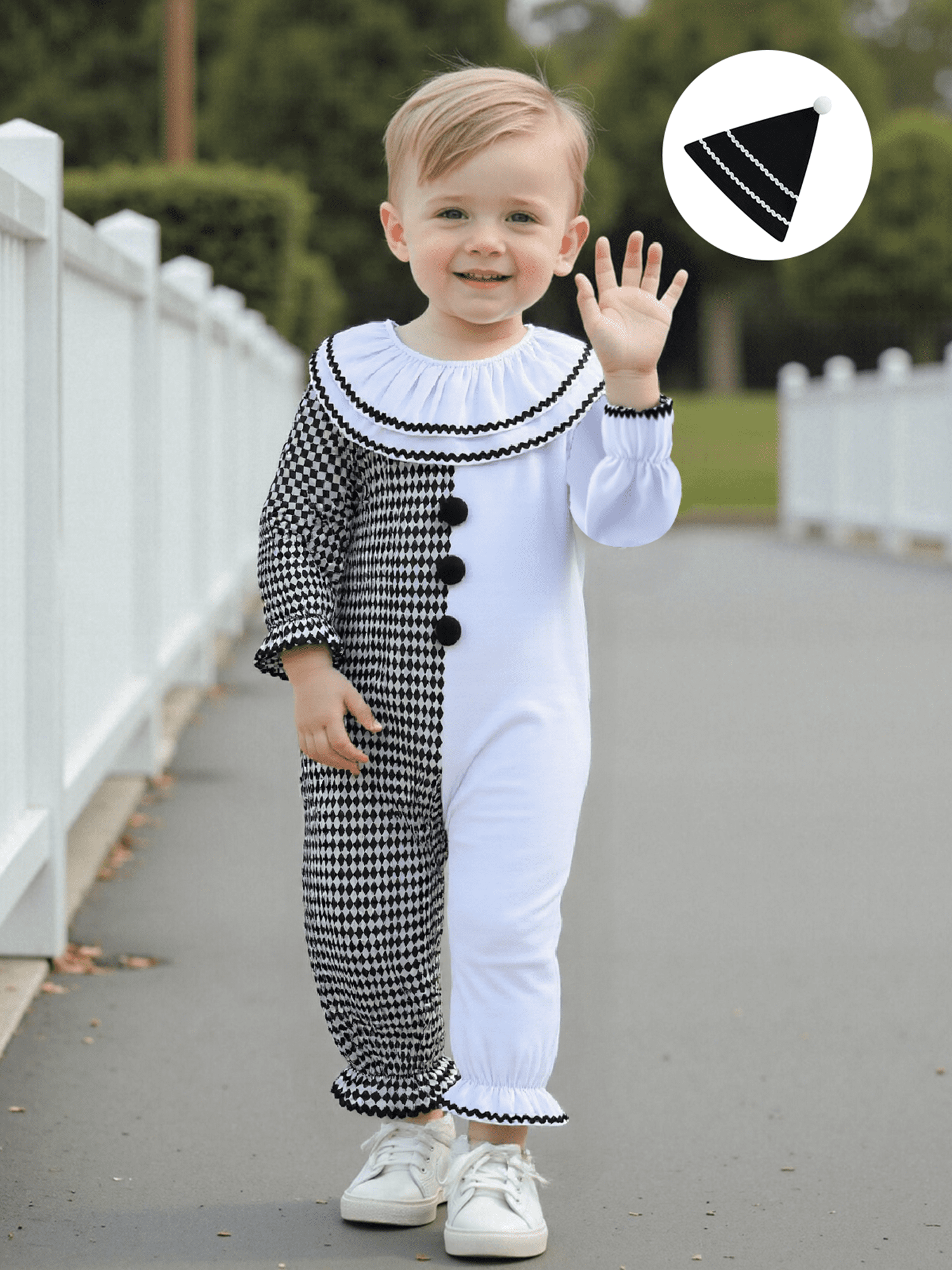RUINIXCW Kids Toddler Baby Girl Boy Halloween Outfit Clown Costume Infant Baby Girl Boy Romper Birthday Photoshoot Outfit Contrast Color Long Sleeve Jumpsuit Hat