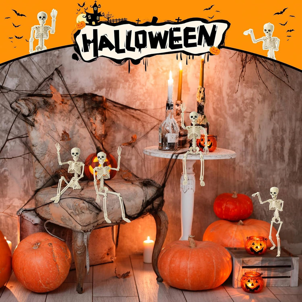 5 Pack Halloween Skeleton Decorations,15.7" Skeletons Hanging Decor with Movable Joints, Mini Plastic Skeleton for Indoor Outdoor Haunted House, Graveyard, Party and Yard Scary Decor