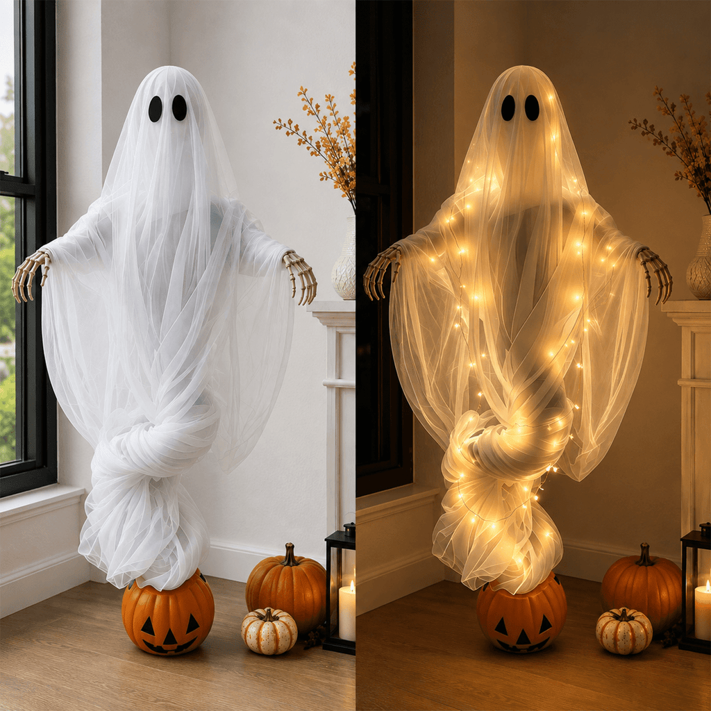 Swirling Ghost Pumpkin Yard Lamp, Lighted Spooky Ghost Statue, Warm LED Halloween Decorations Outdoor, Fall Autumn Garden Lawn Porch Pathway Ornament for Halloween Party Decoration