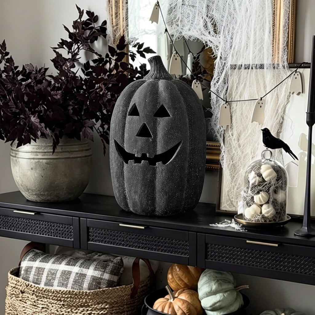 Halloween Decorations - 9.8" Black Handmade Resin Jack O Lantern Pumpkin Fall Decor, Indoor Outside Gothic Festival House Centerpiece Decoration for Table Garden Living Room Mantel