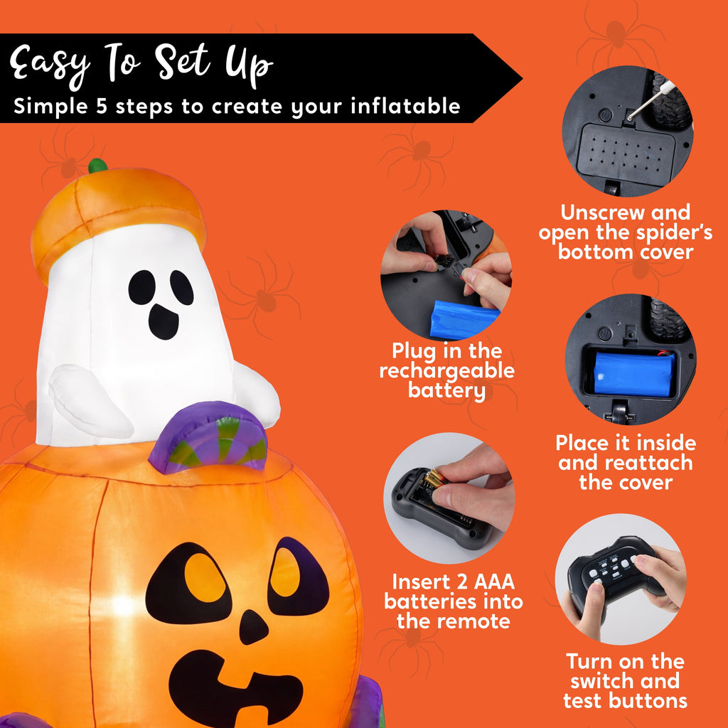 Joyfy 5ft Halloween Inflatables Light up Cute Ghost,Blow Up Ghost Lift Pumpkin Candy Bag with Build-in LEDs for Yard Decorations