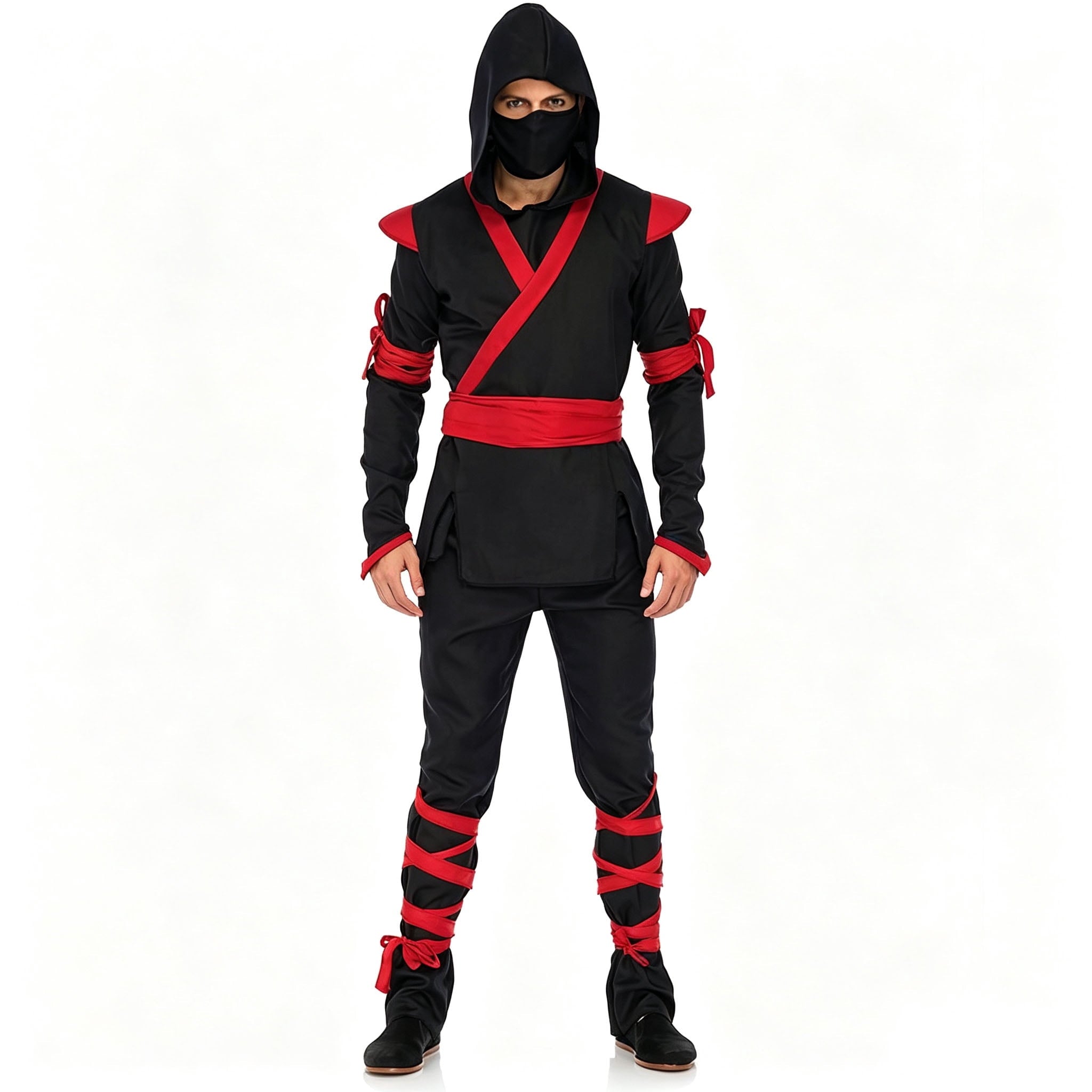 Men Ninja Costume Outfit, Complete Black‑Red Ninja Hooded Suit with Face Mask for Adult, Halloween Cosplay Theme Party Fancy Dress for Men