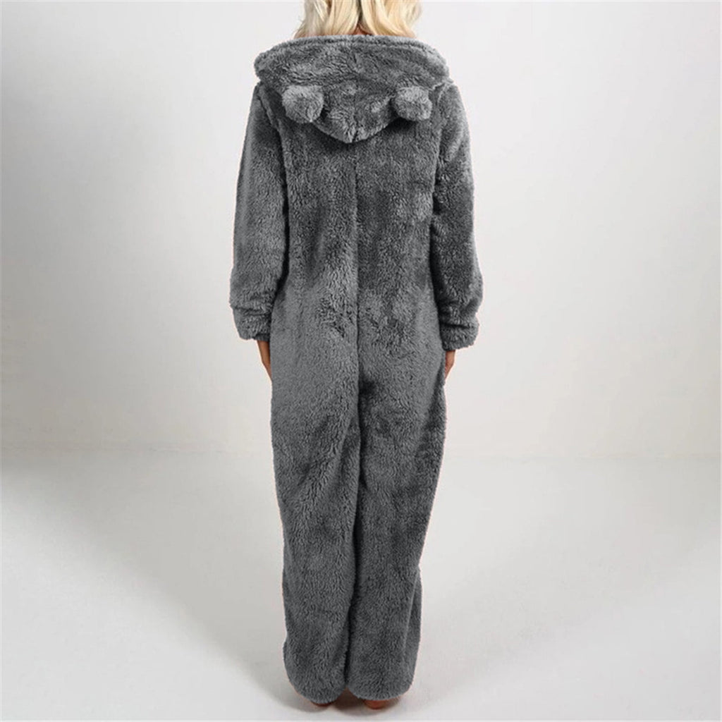 QATAINLAV Sherpa Fleece Jumpsuit for Women Winter Warm Fuzzy Onesie Pajamas Cute Cat Hooded Romper Casual Zip Up Overalls Sleepwear Black XL
