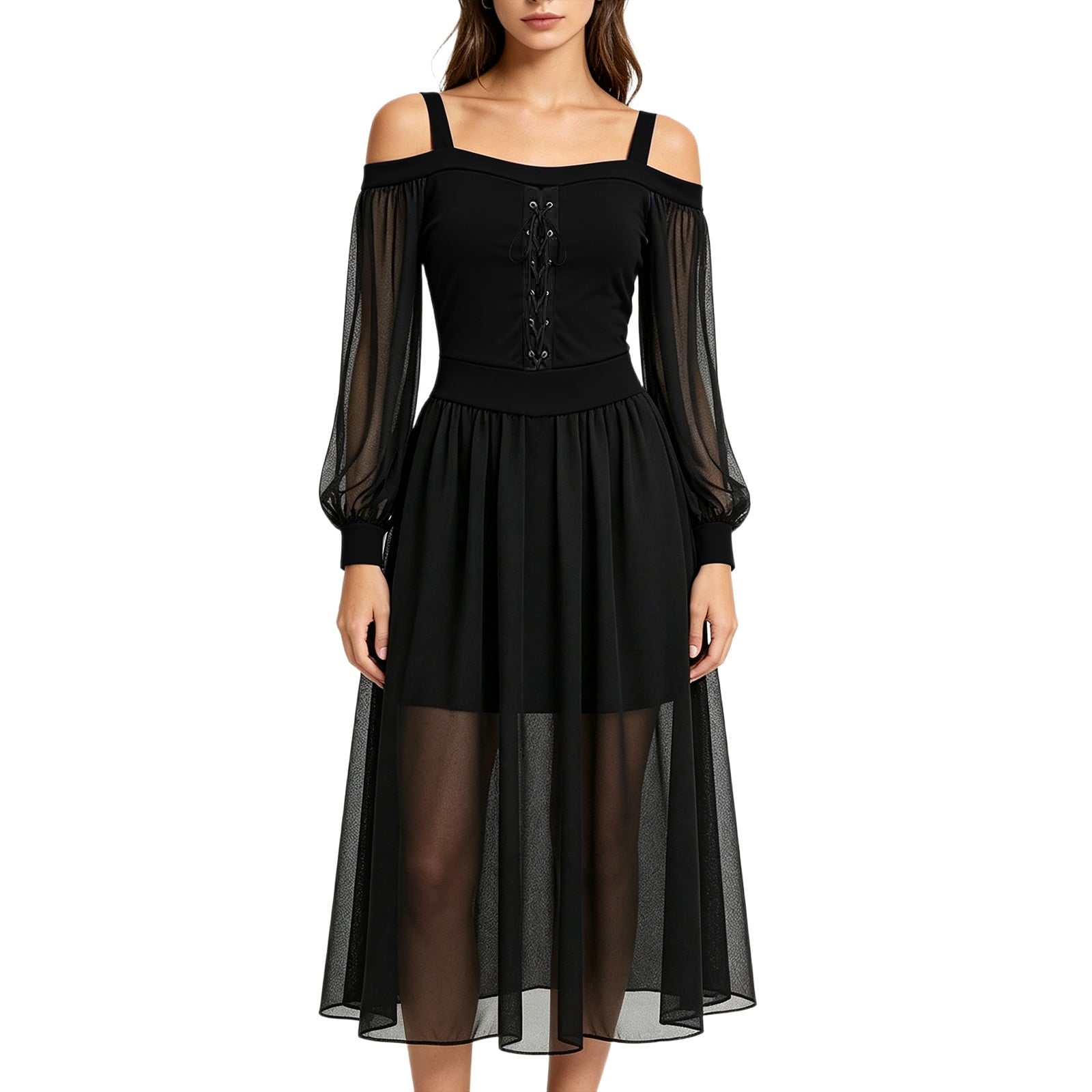 JOANKDMI Women's Gothic Midi Dress Elegant Vampire Costume Cold Shoulder Sheer Long Sleeve Lace-up Corset for Roleplay Halloween Party Outfit Chic, S-3XL