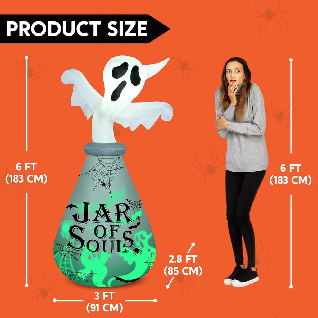 Joyfy 6 ft Halloween Inflatable Witch & Cauldron,Blow Up Decor with Rotating Green Ghost Projection Built-in LEDs,Outdoor Decoration for Party,Yard,Garden