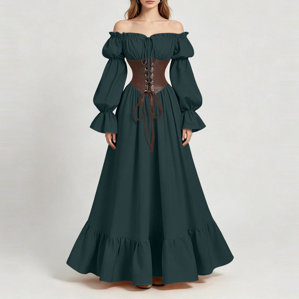 QATAINLAV Renaissance Costume Women Vintage Medieval Dress Cold Shoulder Short Sleeve Peasant Pirate Irish Maxi Dresses, Black, L