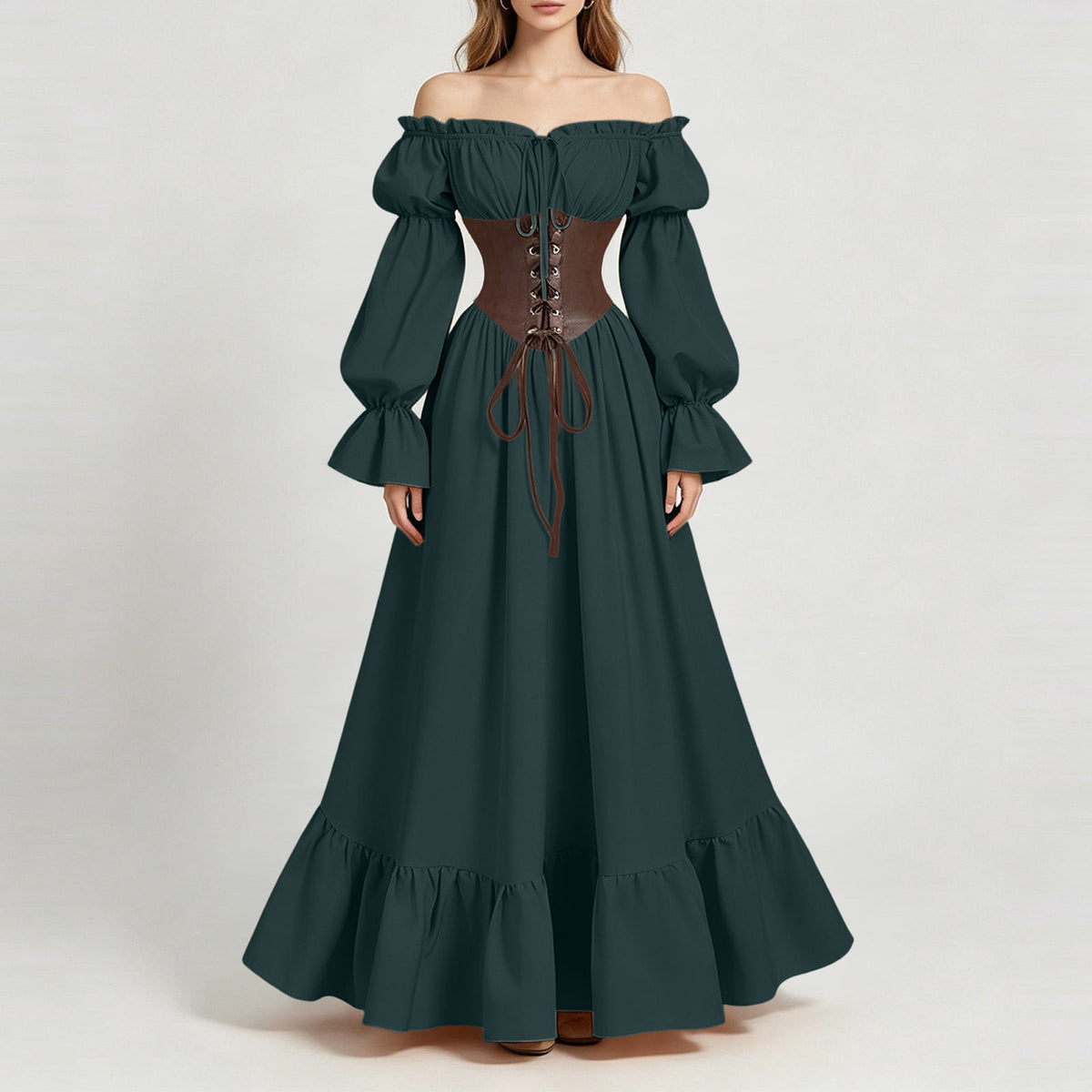 QATAINLAV Renaissance Costume Women Vintage Medieval Dress Cold Shoulder Short Sleeve Peasant Pirate Irish Maxi Dresses, Black, L
