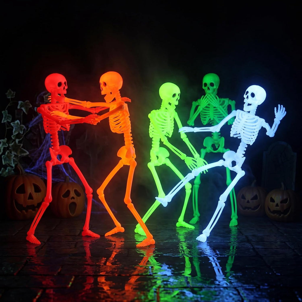 Joyfy 5 Pcs Halloween Skeleton Decorations,16 inch Full Body Poseable Skeleton with Movable Joints for Halloween Indoor Outdoor Party,Graveyard,Haunted House Accessories,White