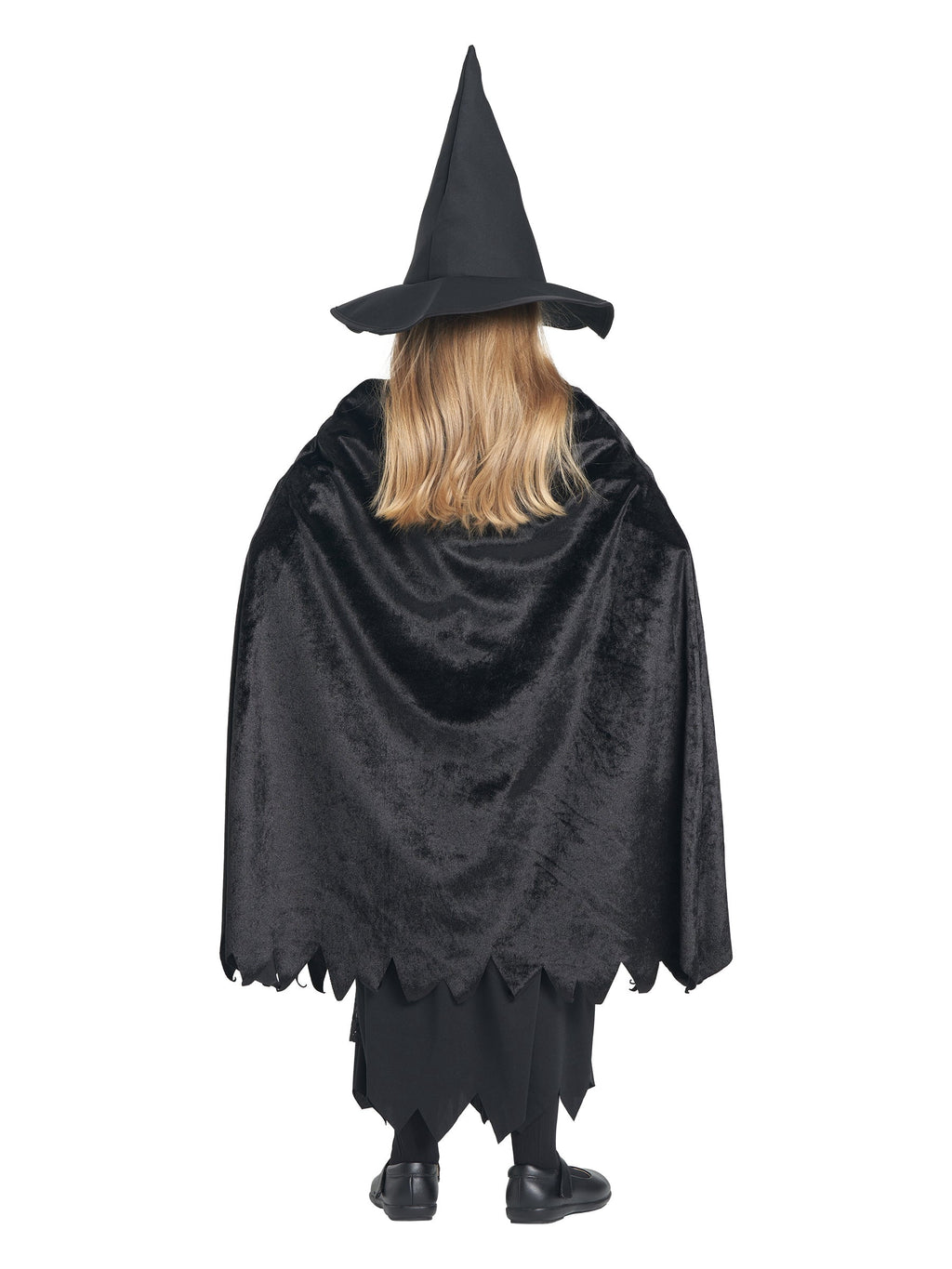 Girls Deluxe Witch Costume, 4 Pcs Dress Hat Cape Bag Velvet Black Suit for Kids Halloween Party Fancy Dress Up 4-6Y