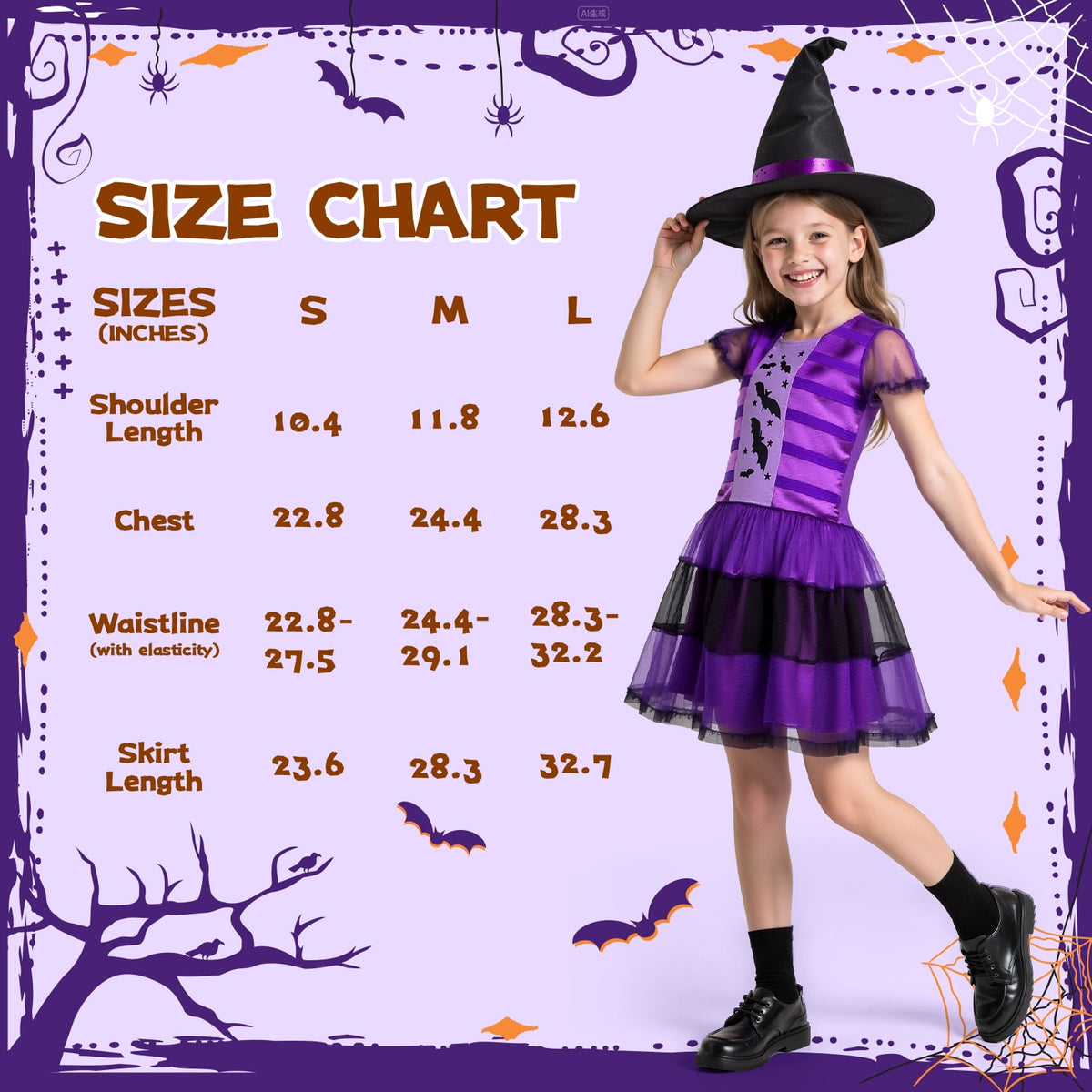 MAVOLIO Witch Costume Set with Hat for Girls, Halloween Dress‑up Outfit, Role‑Play Cosplay Costume for Toddler Kids 3‑12(m)