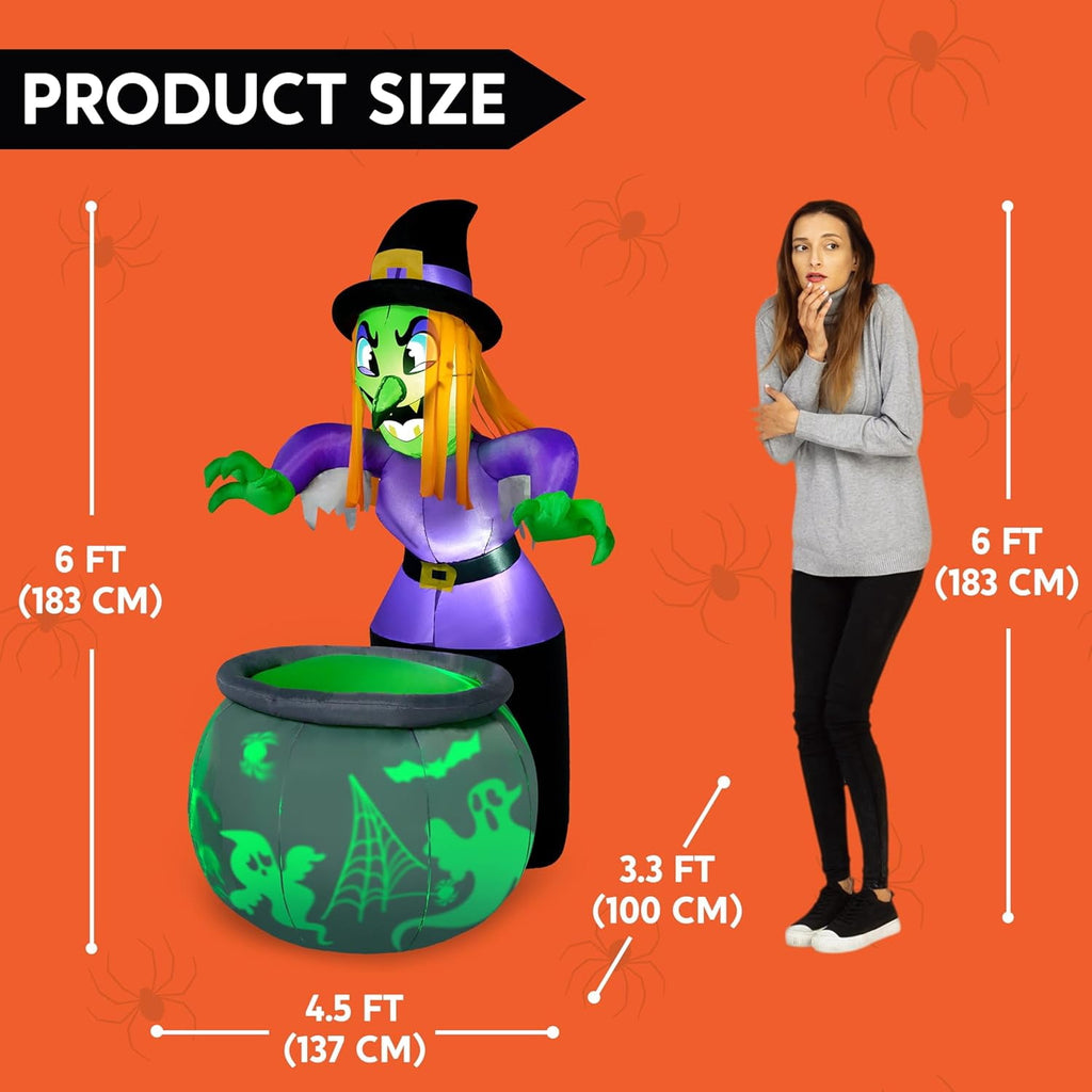 Joyfy 6 ft Halloween Inflatable Witch & Cauldron,Blow Up Decor with Rotating Green Ghost Projection Built-in LEDs,Outdoor Decoration for Party,Yard,Garden