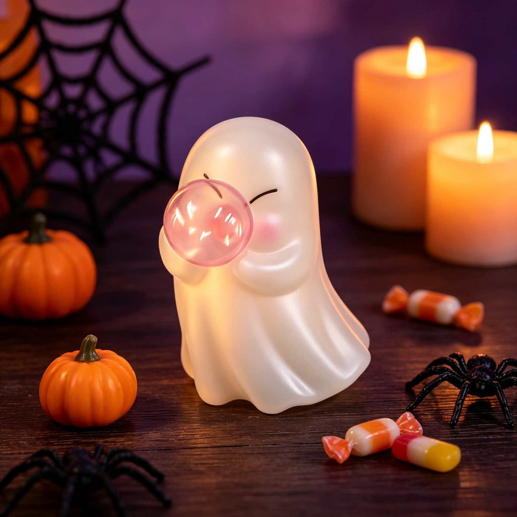 Cute Reading Ghost in Teacup Figurine, Resin Ghost Statue with Pink Bow Heart Floral Cup, Table Centrepiece Tiered Tray Desk Shelf Decor, Small Halloween Decorations, 4.5 Inch