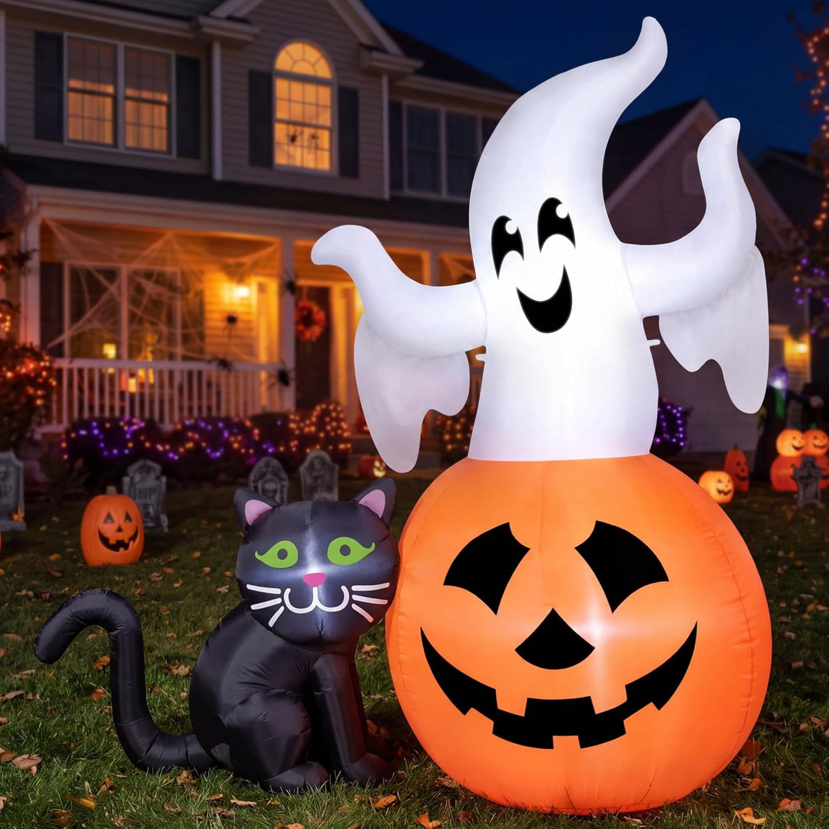 Joyfy 5ft Halloween Inflatables Light up Cute Ghost,Blow Up Ghost Lift Pumpkin Candy Bag with Build-in LEDs for Yard Decorations