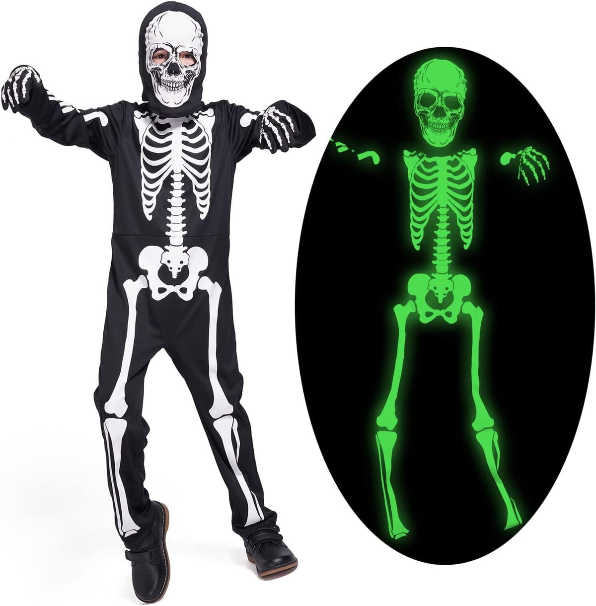 WIBACKER Kids Skeleton Halloween Costume, Glow in The Dark Halloween Cosplay Onesie for Boys and Girls, Jumpsuit + Gloves + Hood Mask