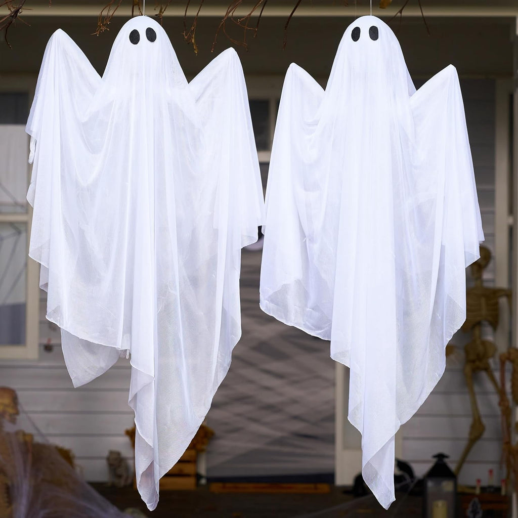 Joyfy 47" Halloween Hanging Light up Ghost Decorations Outdoor,White Ghosts with Blue LED Light and Timer Halloween Hanging Decoration Waterproof for Front Yard Patio Lawn