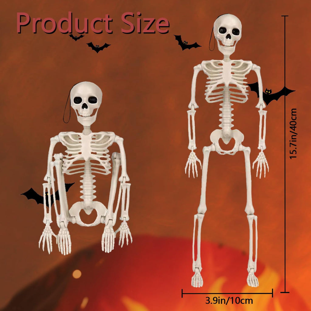 TETOU 2 Packs Halloween Skeletons, 14.9" Halloween Full Body Skeleton with Posable Joints for Haunted House Graveyard Props Decor