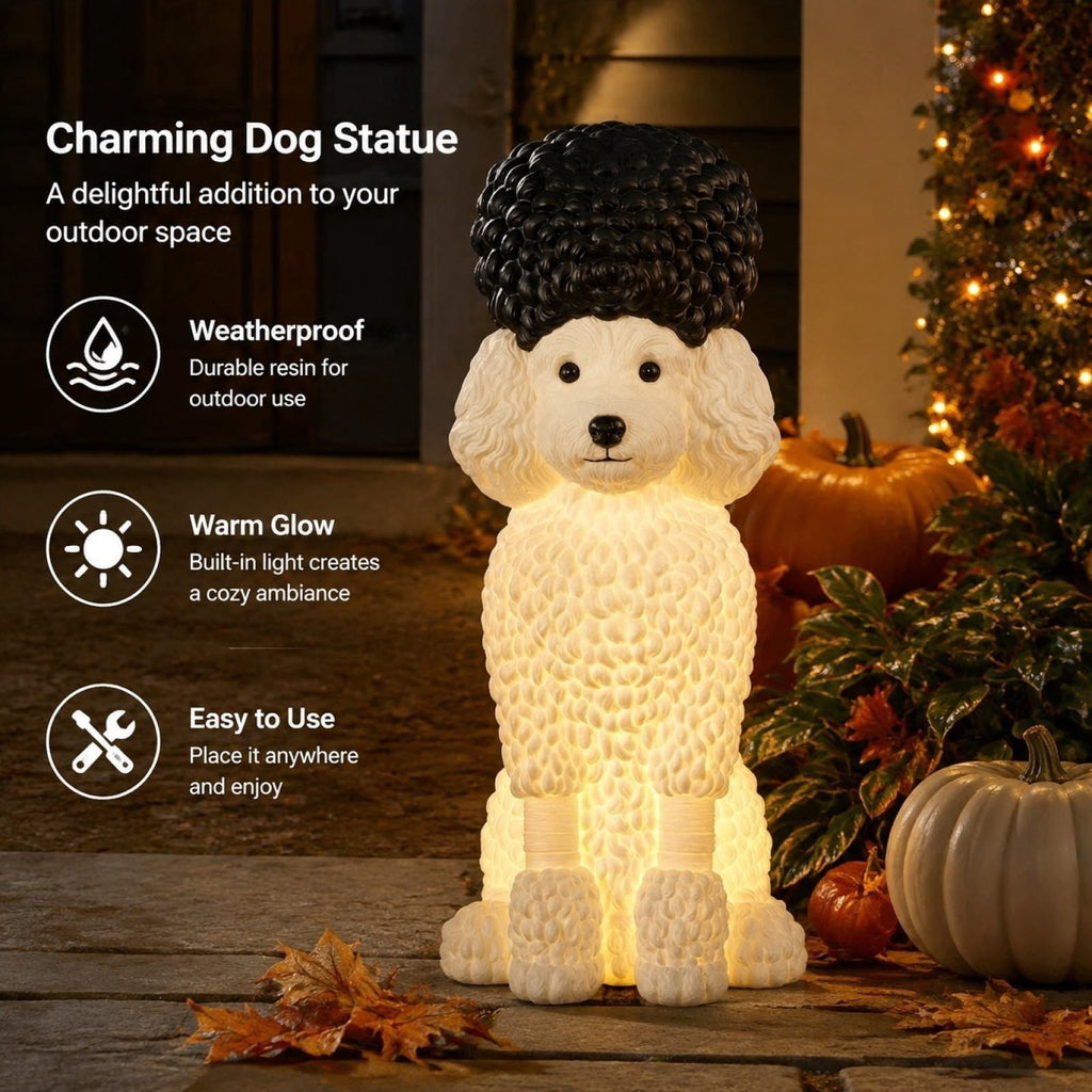 Halloween Dog Greeter - Frenchie 7.9in Resin Witch Dog with Light-Up Pumpkin, Spooky Fall Decor, Indoor Outdoor Tabletop Decoration