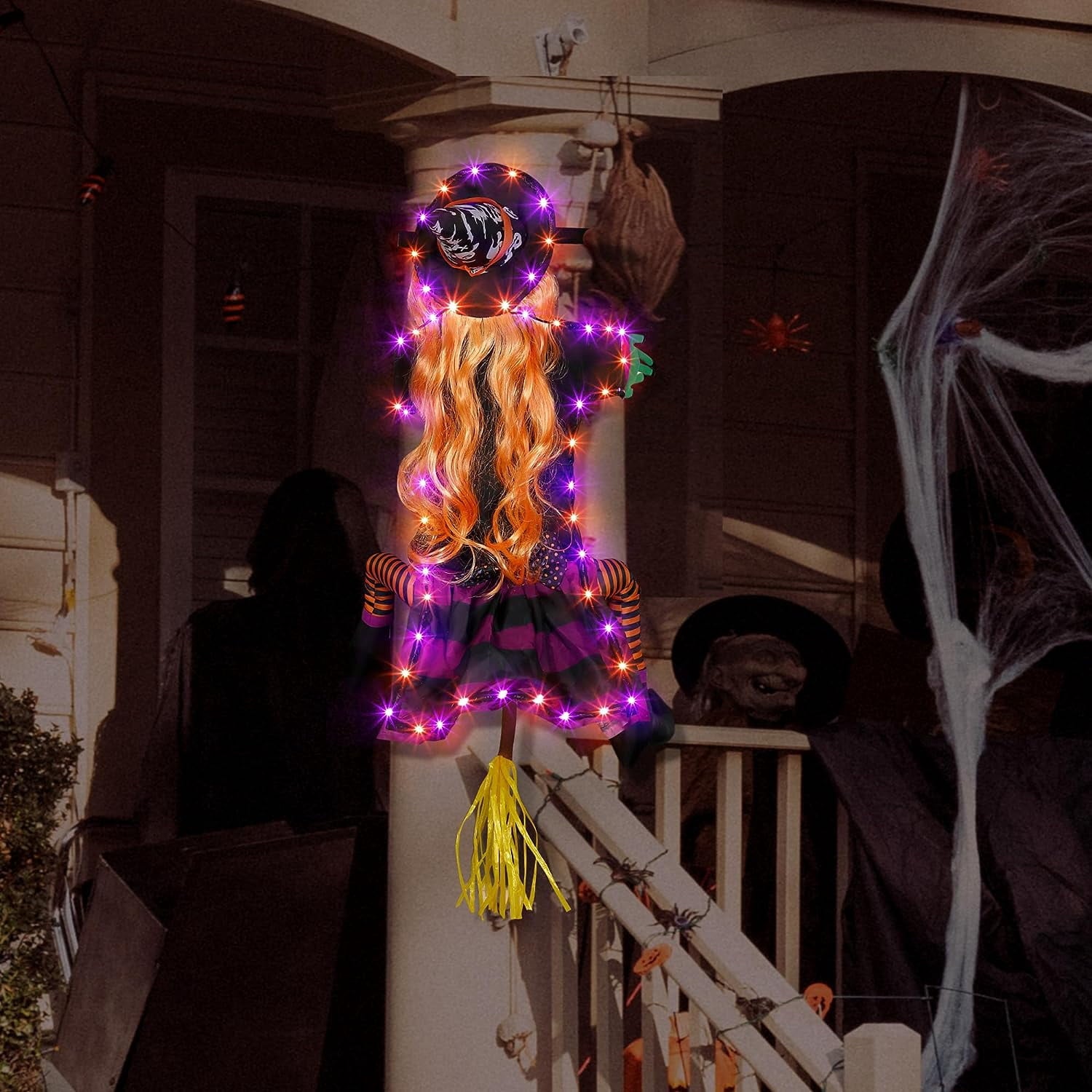 DAKIMOE Halloween Decoration Outdoor Witches Crashing Into Tree with Colorful LED Lights Crashed Witch Props Halloween Hanging Decorations for Indoor House Outdoor Yard Patio Decor 44''x33'' Orange