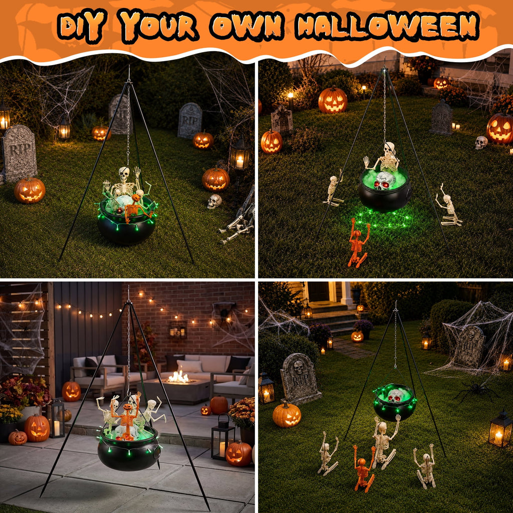 Halloween Decorations Bundle - 78cm/30.7" Witches Cauldron on 54" Tripod with Green LED Lights, 3pcs 40cm Skeleton, 60cm Skeleton, Skull Ornament, 4 Hooks - Indoor Outdoor Yard Porch Party Supplies