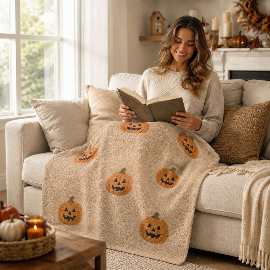 Guvpev Halloween Flannel Throw Blanket, 39.4" x 27.6" Soft Plush 3D Pumpkin Printed Decorative Blanket for Couch, Bed, Travel, Living Room, Cozy Fall Holiday Home Accent