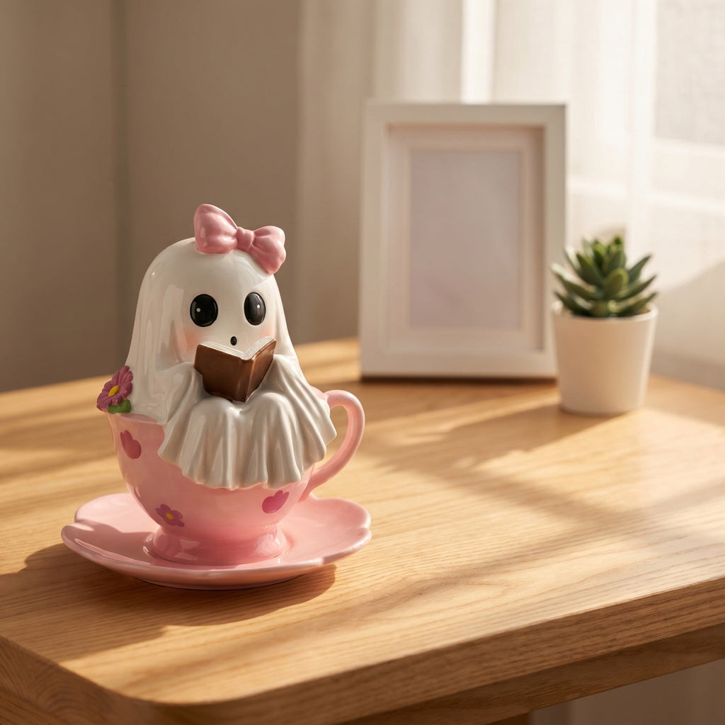 Cute Reading Ghost in Teacup Figurine, Resin Ghost Statue with Pink Bow Heart Floral Cup, Table Centrepiece Tiered Tray Desk Shelf Decor, Small Halloween Decorations, 4.5 Inch
