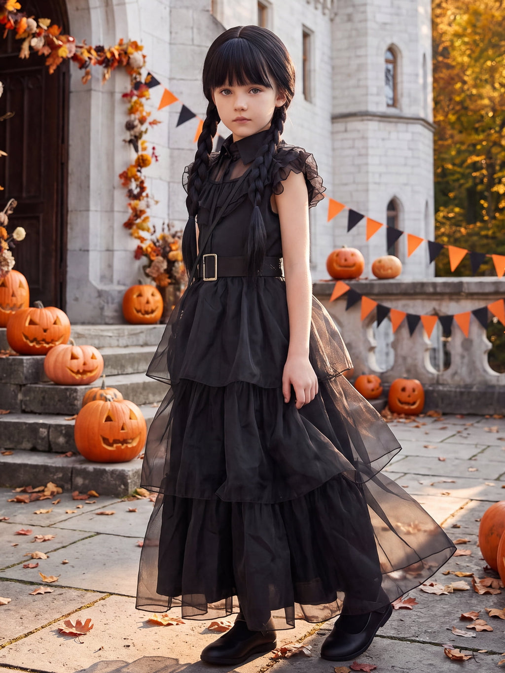 Girls Halloween Costume Fancy Dress with Wig Black for Kids Carnival Party 7-8 Years