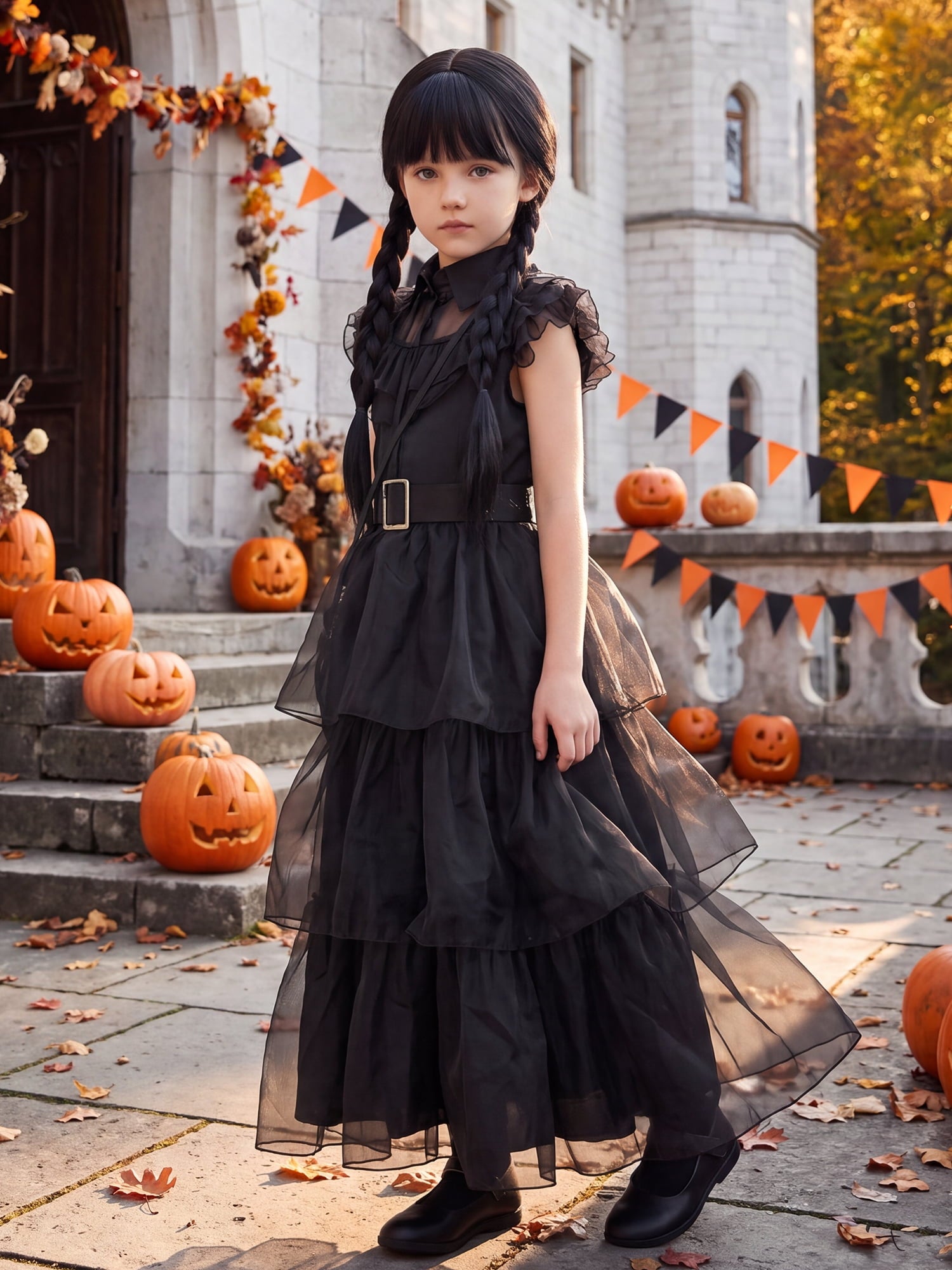 Girls Halloween Costume Fancy Dress with Wig Black for Kids Carnival Party 7-8 Years