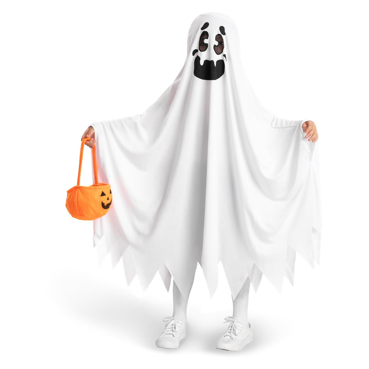 Joyfy Kids Ghost Costume, Halloween Ghost Costume, White Silent Ghost Costume with Pumpkin Bag for Toddler Boys Girls Halloween Party Dress Up Cosplay