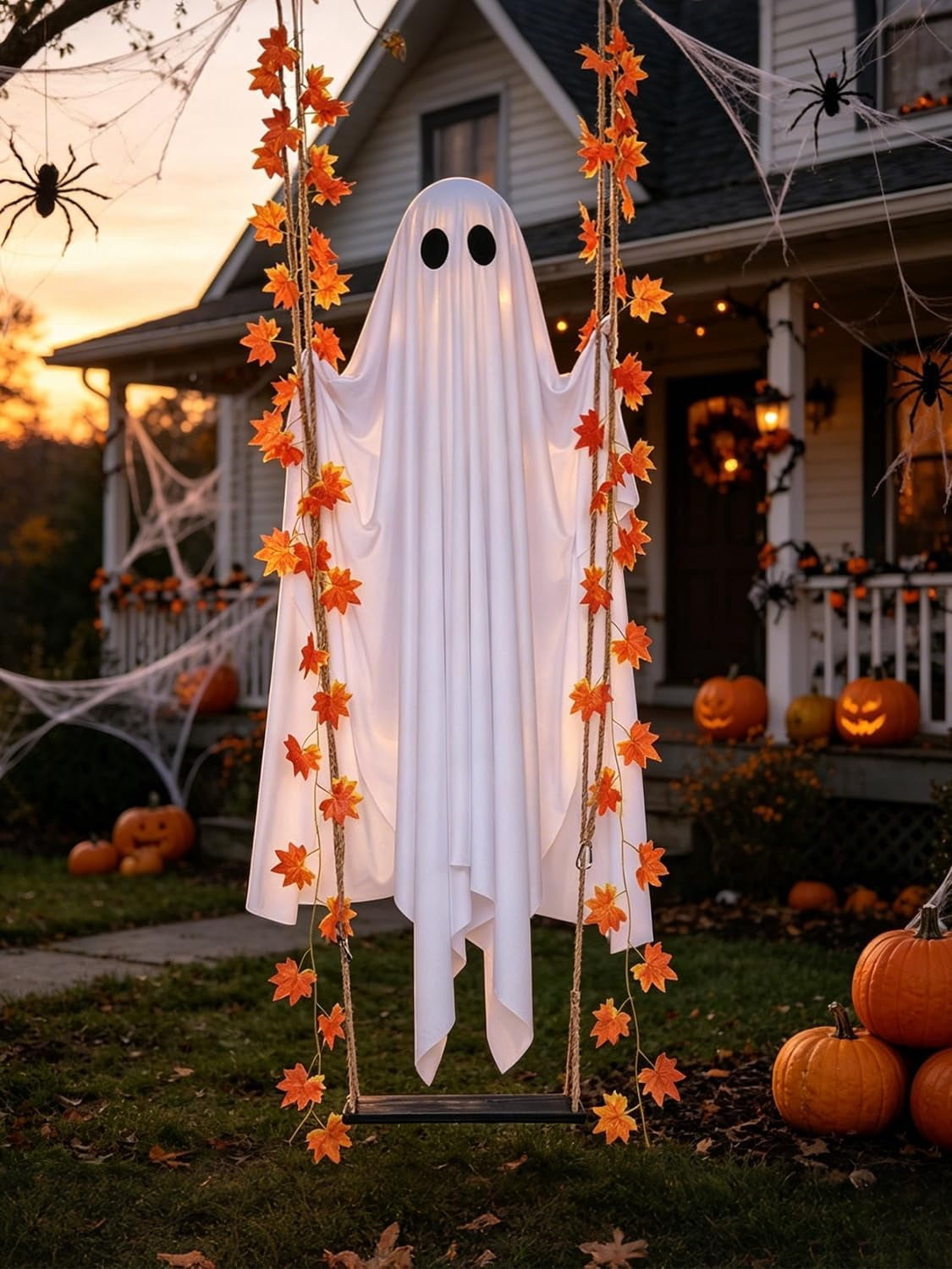 Hanging Swinging Ghost Halloween Decor - Outdoor Halloween Decorations with Ghost on A Swing for Outside Garden Yard Porch Tree, 4.4 FT Large Spooky Cute Ghosts with String Lights for Indoor Party