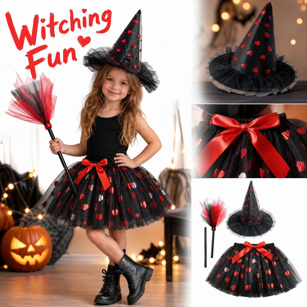 choiix Witch Tutu Skirt and Hat Set with Broomstick Halloween Costume Outfit with Printed Tulle Skirt and Witch Hat Cosplay Outfit for Party 100