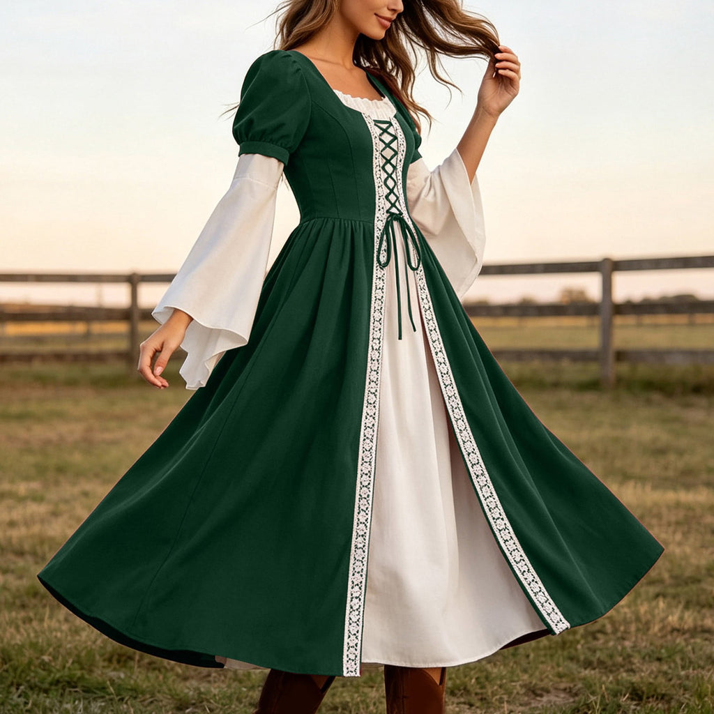 Hurxie Renaissance Costume Women Peasant Medieval Dress Maxi Fairy Dresses with Bell Sleeve Vintage Ren Faire Outfit