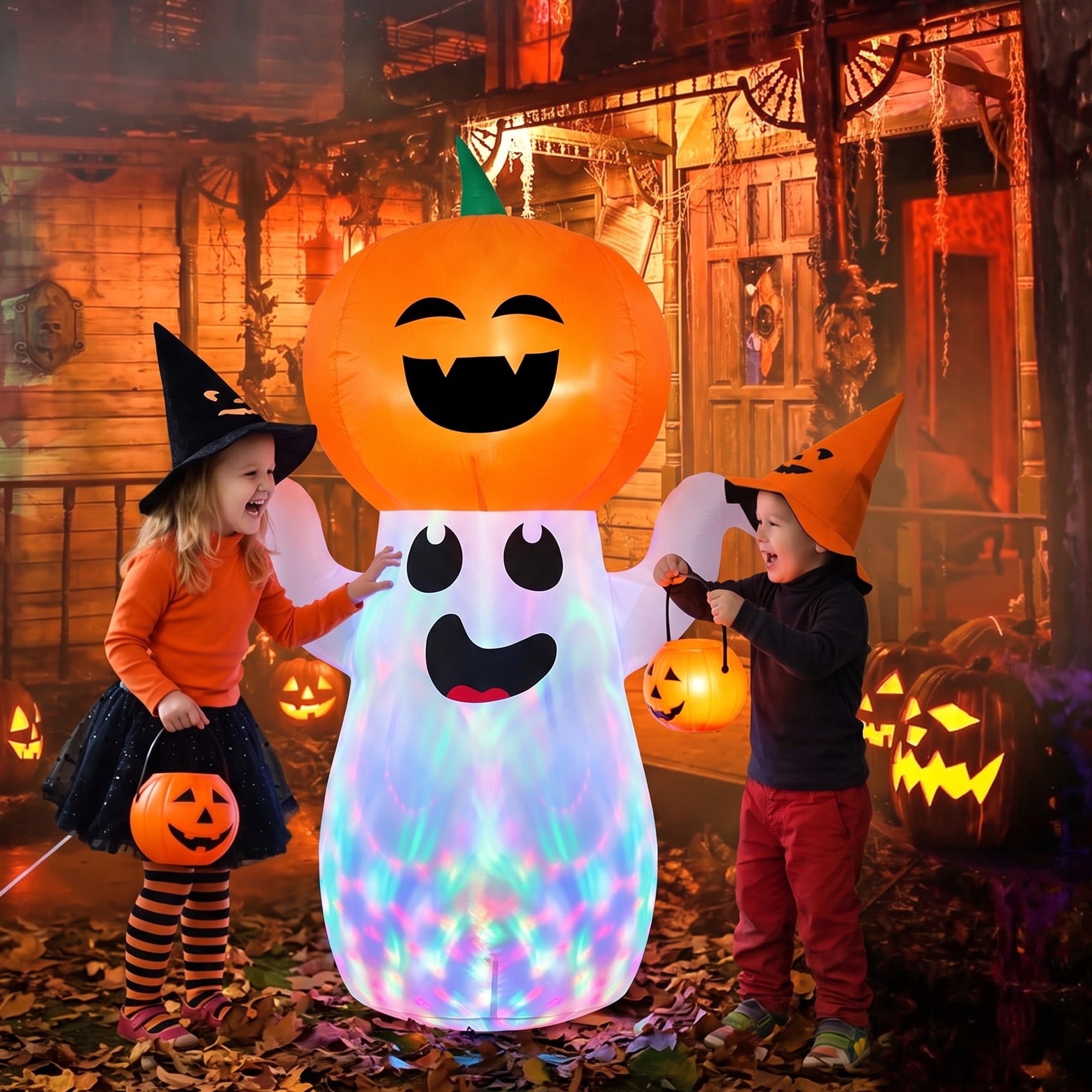 GVDV 5Ft Halloween Inflatable Pumpkin Ghost with 360° Rotating Colorful LED Lights, Cute Indoor/Outdoor Decor for Party, Yard, Lawn