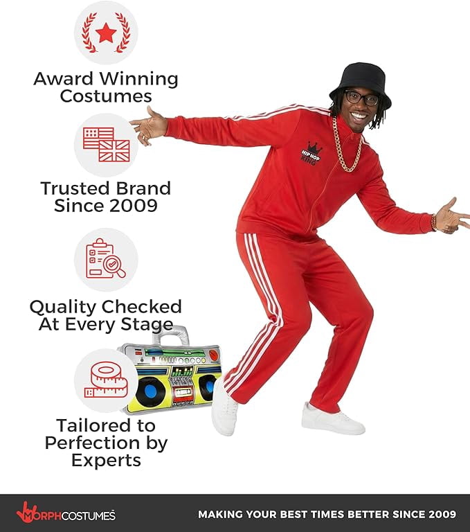 Morph Mens 1980s Red Rapper Costume Boombox Adult 90s Hip Hop Tracksuit Halloween Red Standard